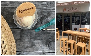 Een bolletje ijs in een potje met bovenop een knapperig Foubert-koekje en het terras van ijssalon Foubert in Antwerpen