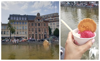 Mensen zitten langs de Baksteenkaai en eten een ijsje en een smakelijk ijsje in een potje