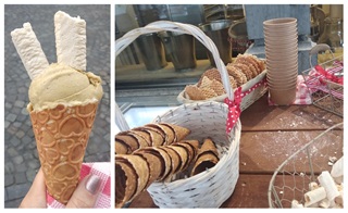 Een ijsje op een huisgemaakt hoorntje met hartjes en bovenop twee schuimgebakjes en een wit mandje met ijshoornkoekjes en galetten