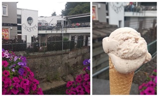 Zicht op het terras van ijssalon Maison Carette in Ottignies en een ijshoorntje met bloeiende petunia's op de achtergrond