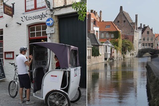 Gauche : un triporteur (vélo pousse-pouse) à utiliser pour se promener le long des canaux de Bruges. Droite : une vue sur les canaux de Bruges.