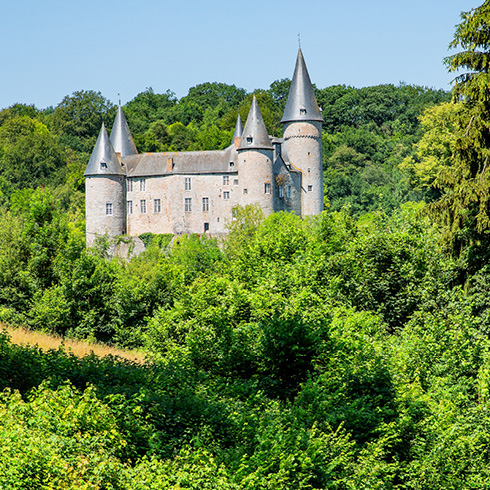 Vue de loin du Château de Vêves à Houyet