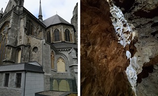 Links: de achterkant van de collegiale. Rechts: de grot van Dinant.