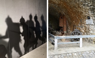 Links: schaduwen van soldaten op een muur. Rechts: Hollandse smederij.