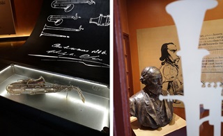 Links: en saxofoon. Rechts: het bronzen borstbeeld van Sax.