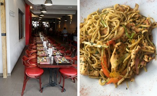 Links: een traditionele brasserie. Rechts: een noedelgerecht met kip en groenten.