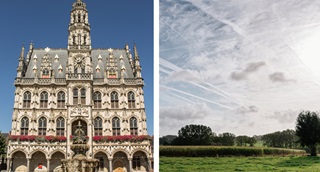 Gauche : hôtel de ville gothique d'Audenarde / Droit : Prairies vallonnées et verdoyantes des Ardennes flamandes