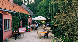 Terrasse de bar avec des lampions dans une ambiance nature