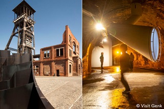 Links: een oud gebouw op de site van C-Mine in Genk. Rechts: C-Mine Expeditie, verhalenkoker.
