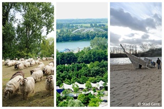 Links: een kudde schapen. Midden: zicht op Gent vanaf de Skiberg in de Blaarmeersen. Rechts: boot op de strandzone in Gent.