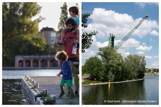 Links: een vader met zijn 2 zoontjes op een houten brug in het park. Rechts: vijver in het Zeppospark in Gent.