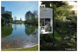 Links: zicht op de vijver in de Plantentuin van Gent. Rechts: rotstuin.