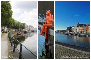 Links: boten liggen aangemeerd op het water in Gent. Midden: rood naakt meisje (Gentse Lorelei) op een houten constructie in het water. Rechts: zicht op de jachthaven.