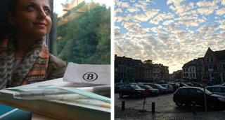 Une voyageuse dans le train regarde par la fenêtre