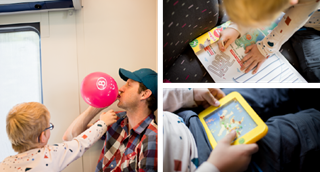 Une famille joue dans le train avec des jeux de société