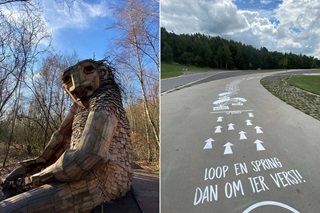 Un troll géant dans la forêt et le parcours de la marelle à De Schorre