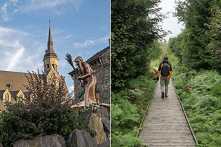 Une journée ensoleillée avec une grande statue de sorcière. A côté, un homme decouvre la légende des sorcières pendant une promenade sonore. 