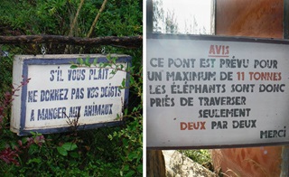 Panneaux d'avertissement humoristiques dans le parc.