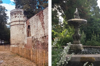 Une muraille ancienne et une fontaine dans un parc à Louvain
