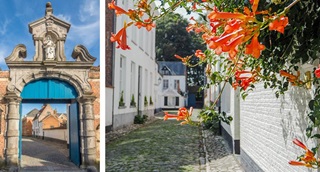 Gauche : la porte d’entrée du Béguinage à Lierre. Droite :  une petite rue au Béguinage de Lierre avec des maisons blanches.