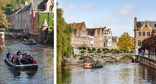 Gauche : un bateau navigue sous le pont de la ville. Droite : une vue sur l’eau et les maisons historiques. 