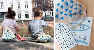 Gauche : deux enfants piqueniquent sur la rive. Droite : sac à dos avec des jeux.