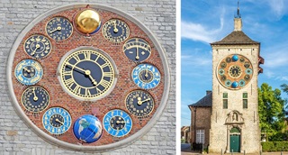 Gauche : l'horloge haute en couleurs de la Zimmertoren à Lierre. Droite : la Zimmertoren à Lierre.