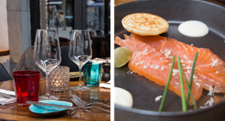 Gauche : une table de restaurant dressée. Droite : une entrée avec du saumon fumé.