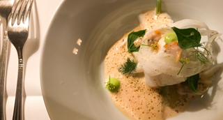 Plat de poisson servi avec une sauce moussante.