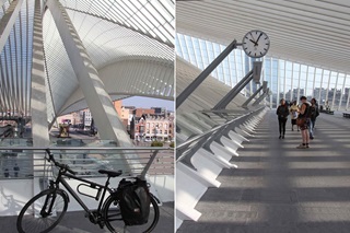 Gauche : un vélo dans la gare de Liège-Guillemins. Droite : des voyageurs dans la gare.