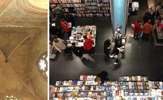 Een kerkgewelf en bezoekers in boekhandel Dominicanen