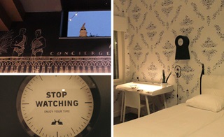 Receptie, kamer en detail klok in Kaboom Hotel, Maastricht