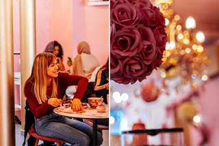 gaste aan tafel in Pigalle Délice / Rozig interieur van de snackbar Pigalle Délice in Bergen