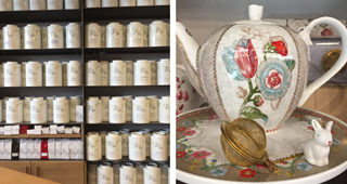 Kleurrijke magneten met leuke boodschappen en een klassieke theepot met bloemen