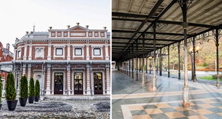 Gauche : pavillon dans le parc de "Sept-Heures" / Droite : Galerie ouverte Léopold II en fer forgée