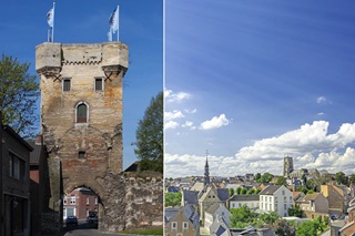 Links: de Moerenpoort in Tongeren. Rechts: zicht op de stad.