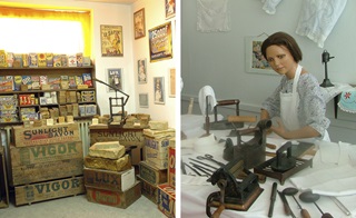 Vieilles boîtes et couturière au musée de la lessive à Spa