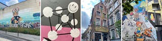 4 fresques: I see U, dessin humoristique de l'Atomium, façade du Poechenellekelder, Boule et Bill