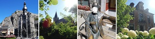 La Collégiale Notre-Dame et la Citadelle de Dinant, la tour de l’église Saint-Lambert de Bouvignes-sur-Meuse, statue d’Adolphe Sax et des hortensias devant la maison communale.