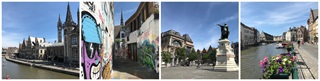 Korenlei, graffitistraat, Vrijdagmarkt en Graslei in Gent in de zomer  