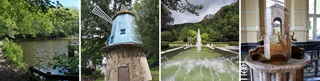   Vijver van Chawion, windmolen, fontein in het Park van Sept-Heures, marmeren fontein met dolfijntjes.